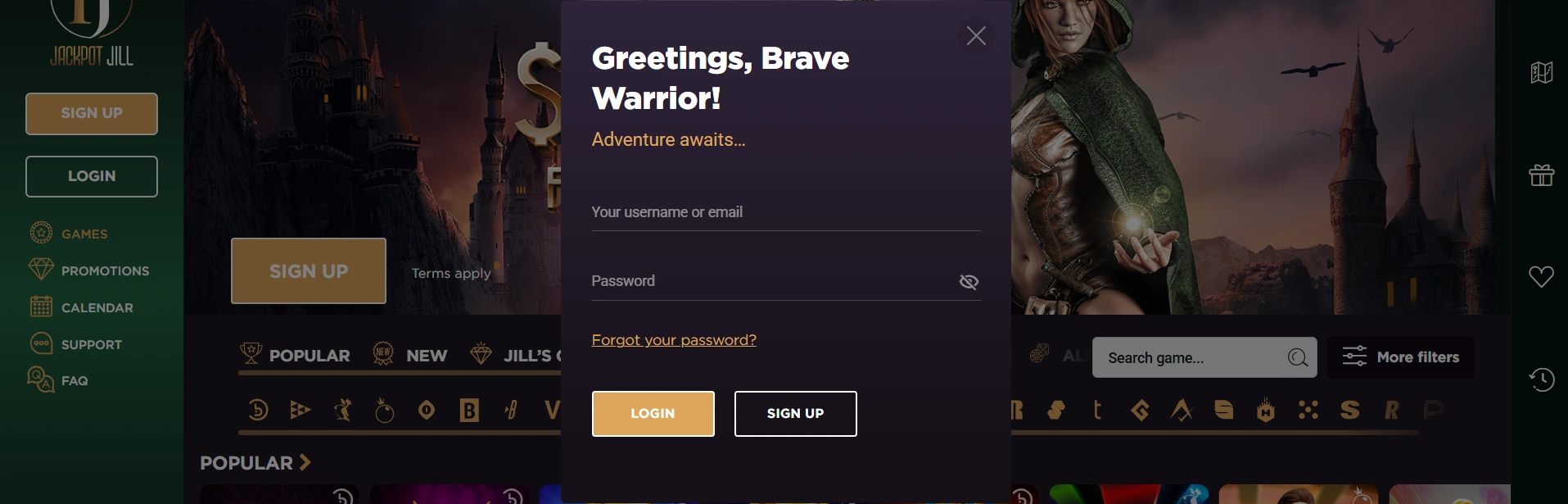 Jackpot Jill login screen interface